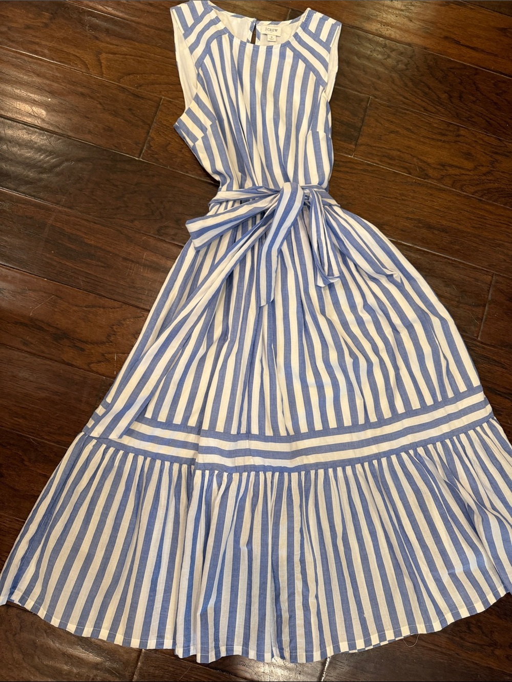 J. Crew Blue and White Striped Tie-Waist Sleeveless Dress